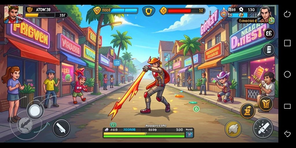 Tampilan gameplay utama ATOM138 yang penuh aksi dan colorfull.
