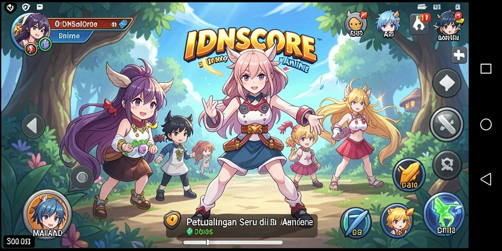 Tangkapan layar IDNSCORE dengan karakter anime dalam pertempuran yang seru.