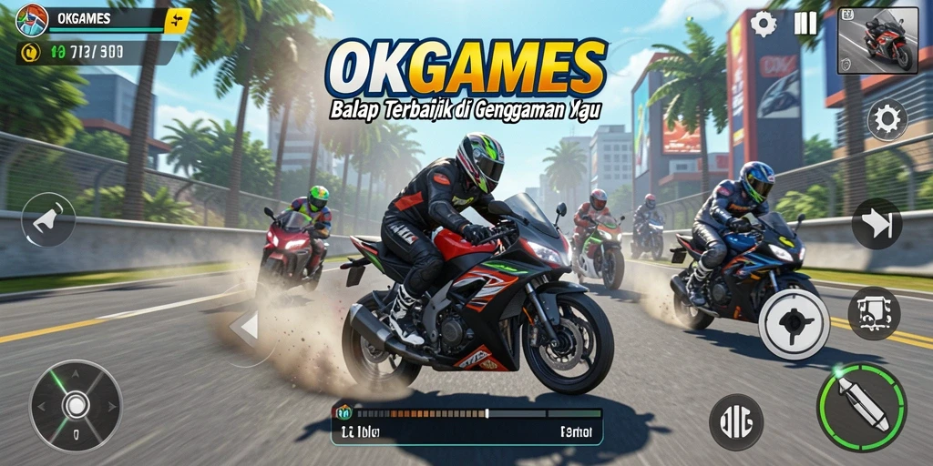 Screenshot utama OKGAMES menampilkan aksi balap motor yang mendebarkan.
