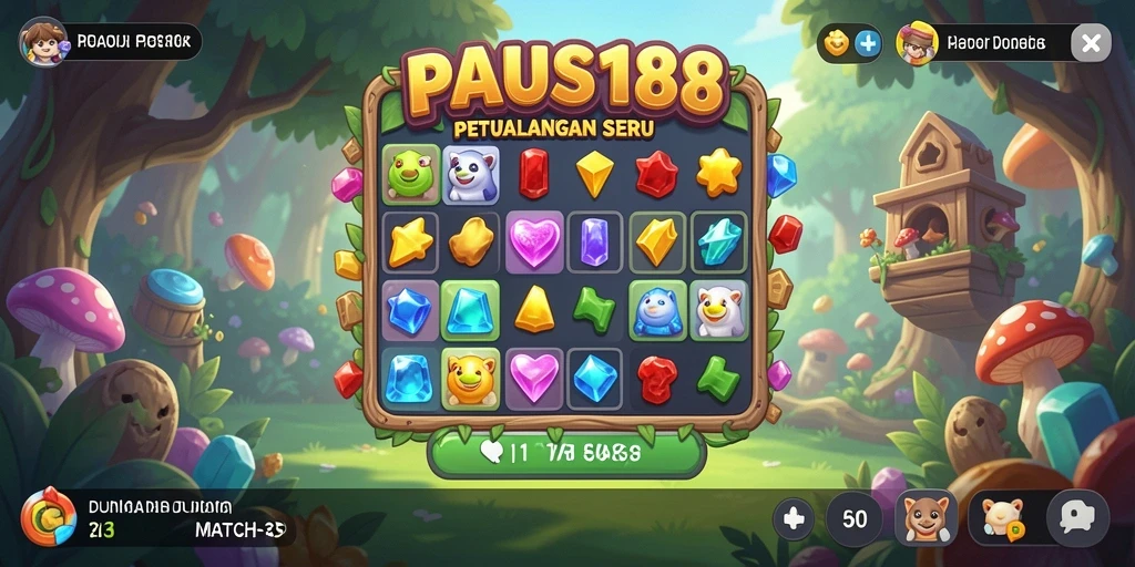 Tampilan screenshot utama PAUS188 yang menampilkan permainan Match-3 yang menyenangkan.