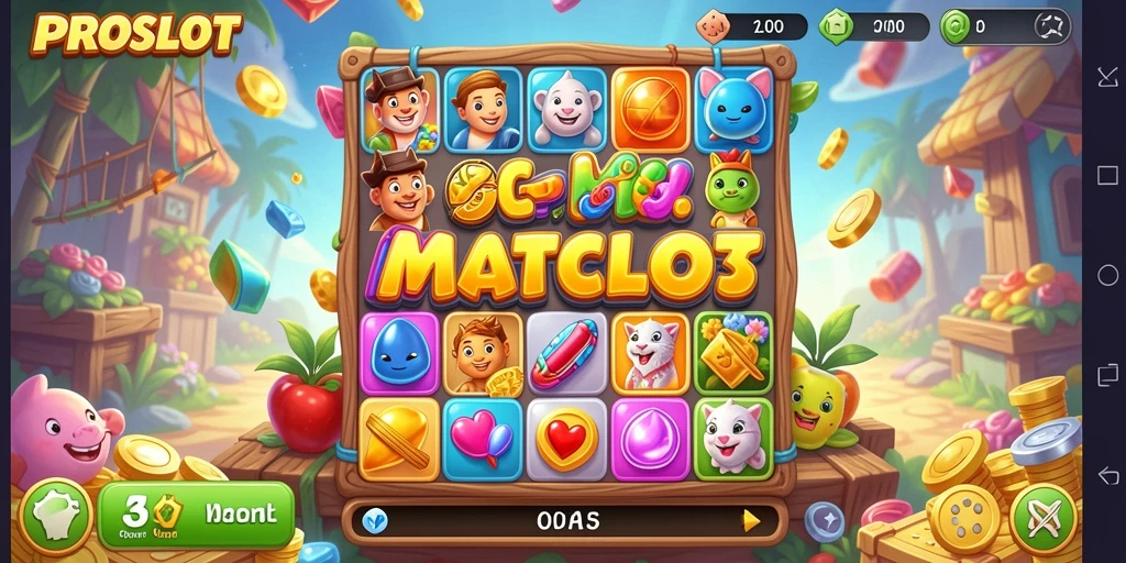 Tampilan menarik gameplay Match-3 yang menantang dan penuh warna.